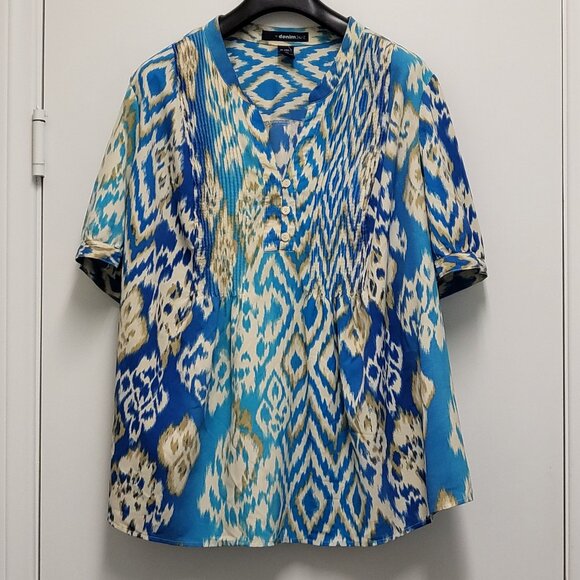 Denim 24/7 Womens Top 30W Plus Popover Henley Boho Short Sleeve Geometric Print - Picture 1 of 13